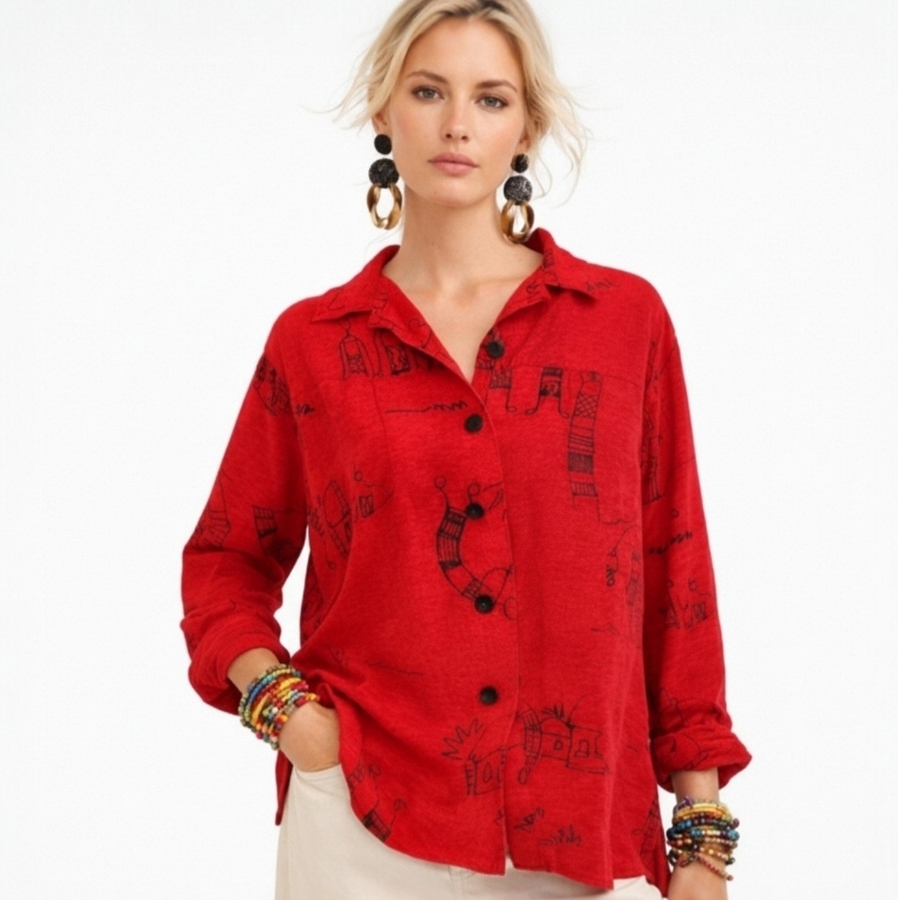 Chico's Red Silk Linen Western Print Blouse Size 3 / Medium Button Down - Picture 2 of 9